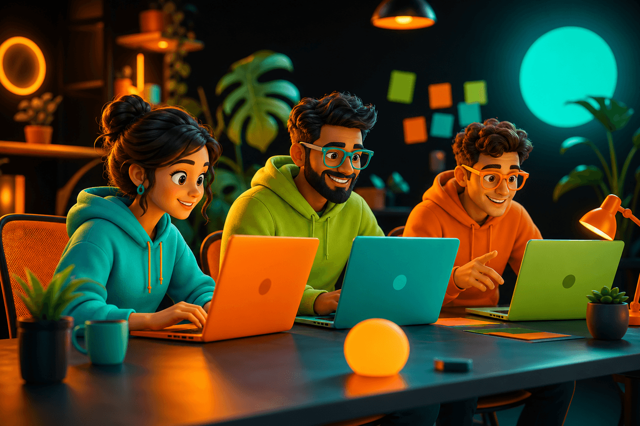 Abstract portrait of focused engineering team silhouettes with code reflections, premium dark aesthetic.