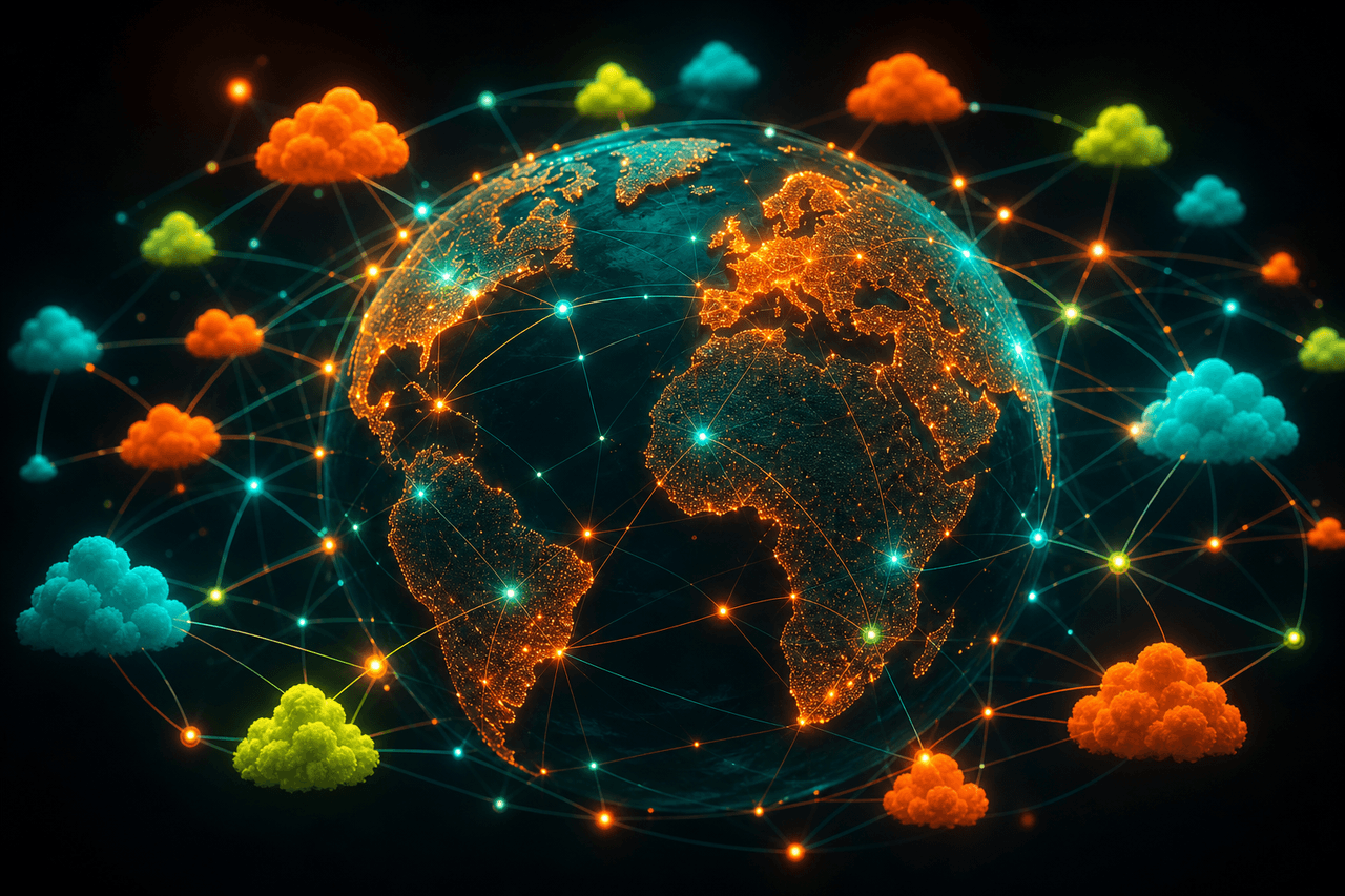 Abstract world network cloud nodes with electric indigo connections on dark background.