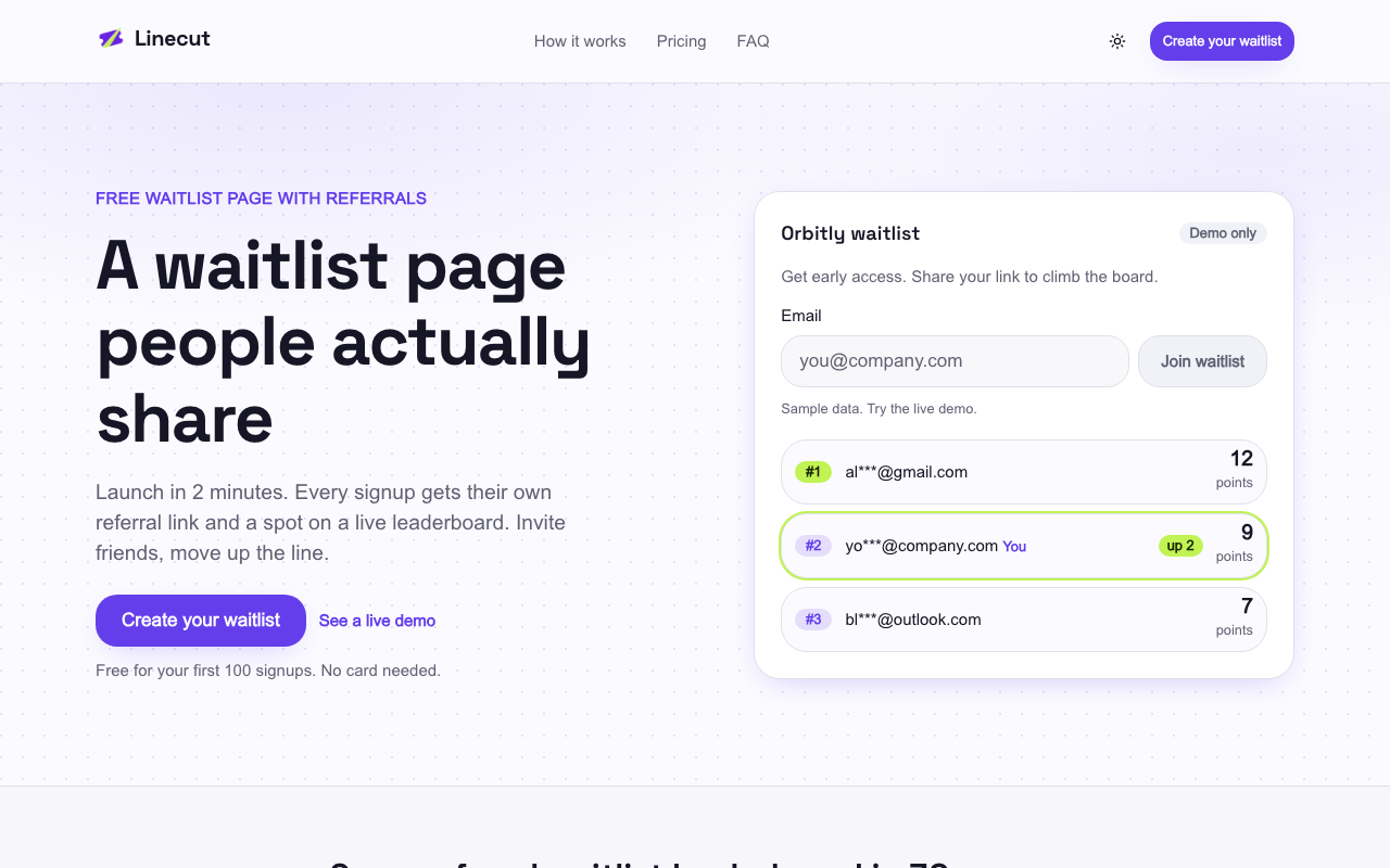 Linecut landing hero with Orbitly demo waitlist card
